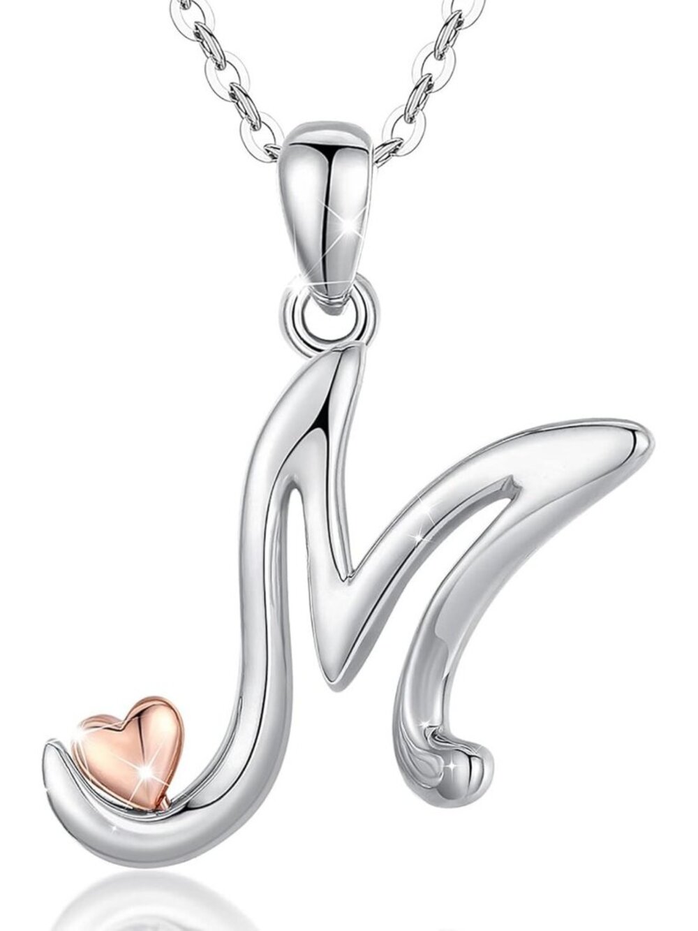 Personalized 925 Sterling Silver Initial Necklace with Rose Gold Heart - 18